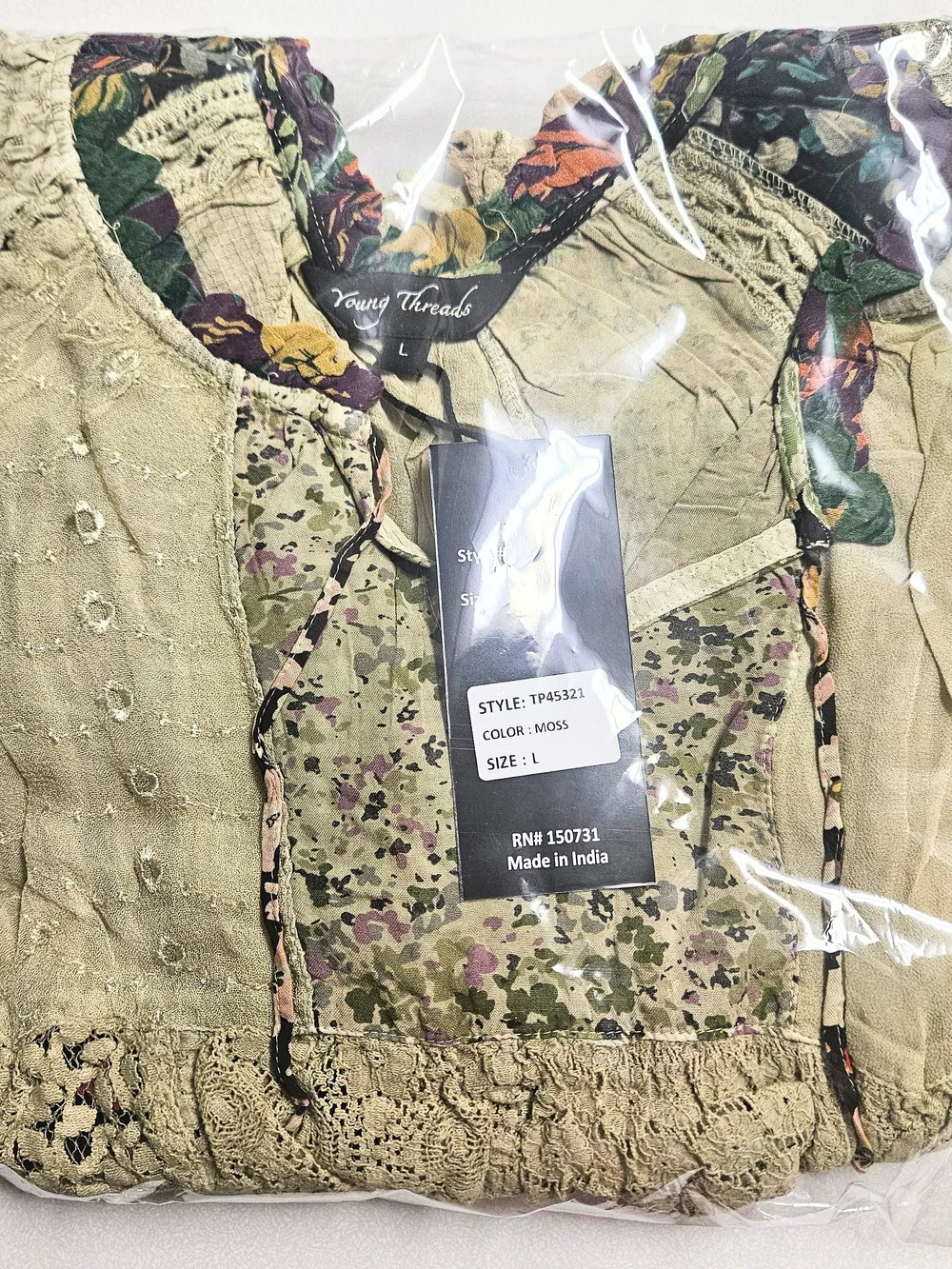 Boho 3 Tier Lace Patchwork Peasant Top - Light Olive Floral